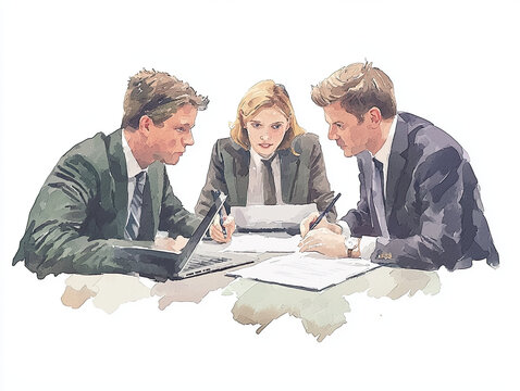Business financing, meeting with documents and a laptop, watercolor style