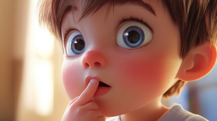 3D Cartoon of 2 Year Old Boy Sucking His Finger Up Close