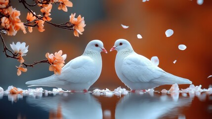 Fototapeta premium White pigeons, a pair of pure love, surrounded by soft petals falling gently in a serene garden