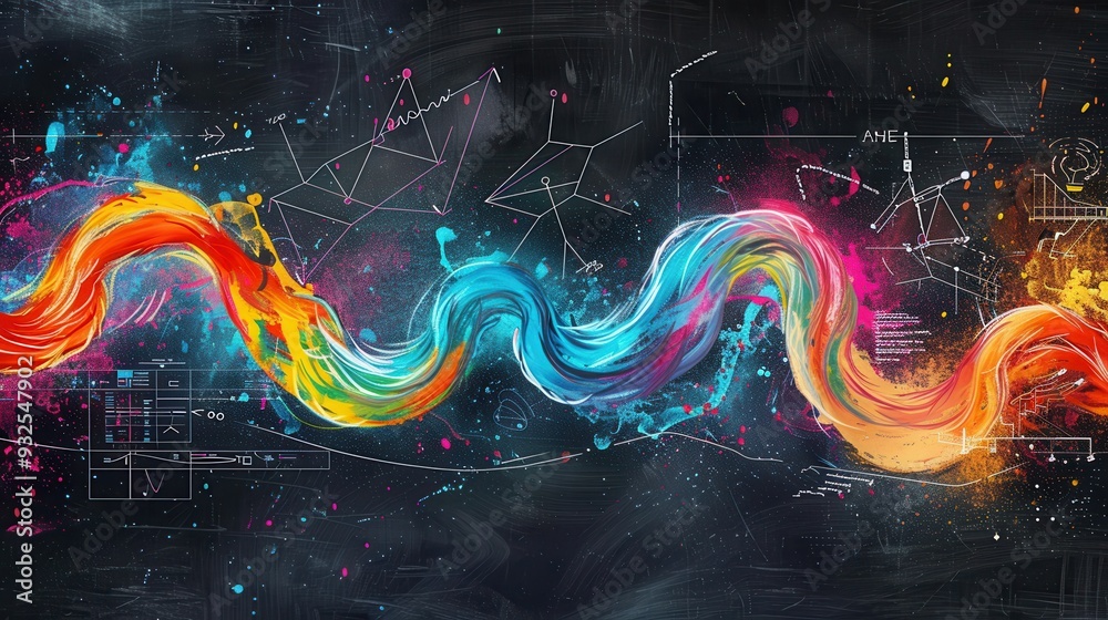 Leinwandbilder a vibrant chalkboard displays sweeping waves of colorful chalk strokes with scientific formulas and 
