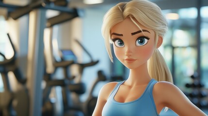Obraz premium 3D cartoon of a focused young blonde woman exercising in a gym Slim sporty character performing workouts