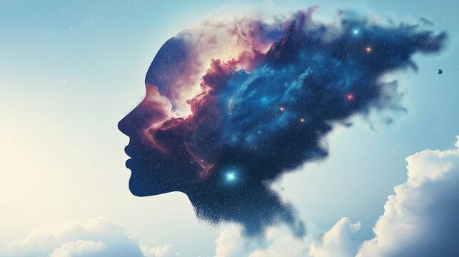 n the vast emptiness of the interstellar void, a deity whose androgynous face is an ever-evolving canvas of galaxies and life, wields the power of creation, bringing forth stars, planets, and life for