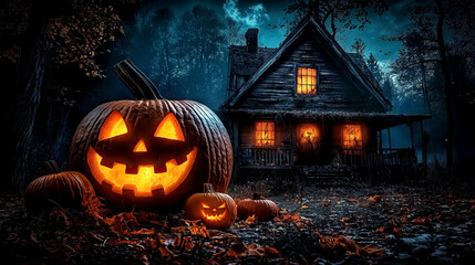 Halloween jack-o-lanterns in the front yard of a haunted house with glowing orange windows, dark forest in October under cloudy skies at night, creepy scary woods