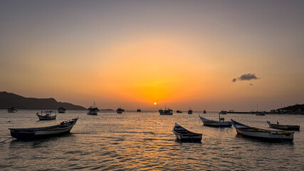 Fishing boats in Juan Griego Bay at sunset. Margarita Island, Nueva Esparta State. Venezuela