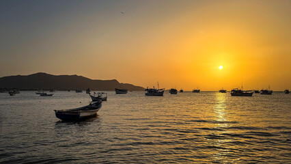 Fishing boats in Juan Griego Bay at sunset. Margarita Island, Nueva Esparta State. Venezuela