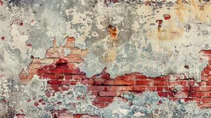 Empty Old Brick Wall Texture. Painted Distressed Wall Surface. Grungy Wide Brickwall. Grunge Red Stonewall Background. Shabby Building Facade With Damaged Plaster. Abstract Web Banner. Copy Space , ai