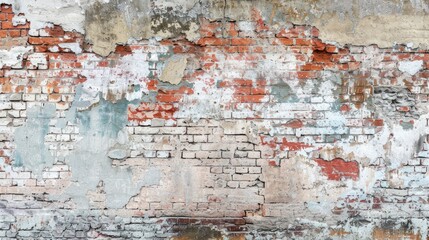 Fototapeta premium Empty Old Brick Wall Texture. Painted Distressed Wall Surface. Grungy Wide Brickwall. Grunge Red Stonewall Background. Shabby Building Facade With Damaged Plaster. Abstract Web Banner. Copy Space , ai