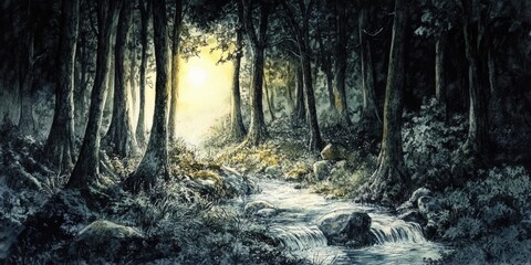 Obraz premium Ancient woodland with a stream flowing towards a light source Ink and watercolor illustration