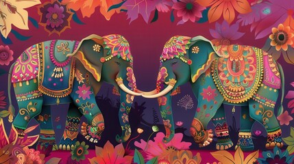 Fototapeta premium Colorful elephants adorned with intricate decorations parade through the streets, filling the atmosphere with festive cheer and cultural richness. Generative AI