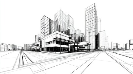 A detailed architectural sketch of a modern urban skyline with high-rise buildings and dynamic structures.