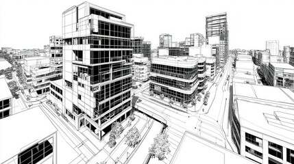 Fototapeta premium A detailed black and white architectural sketch showcasing modern buildings in an urban environment.