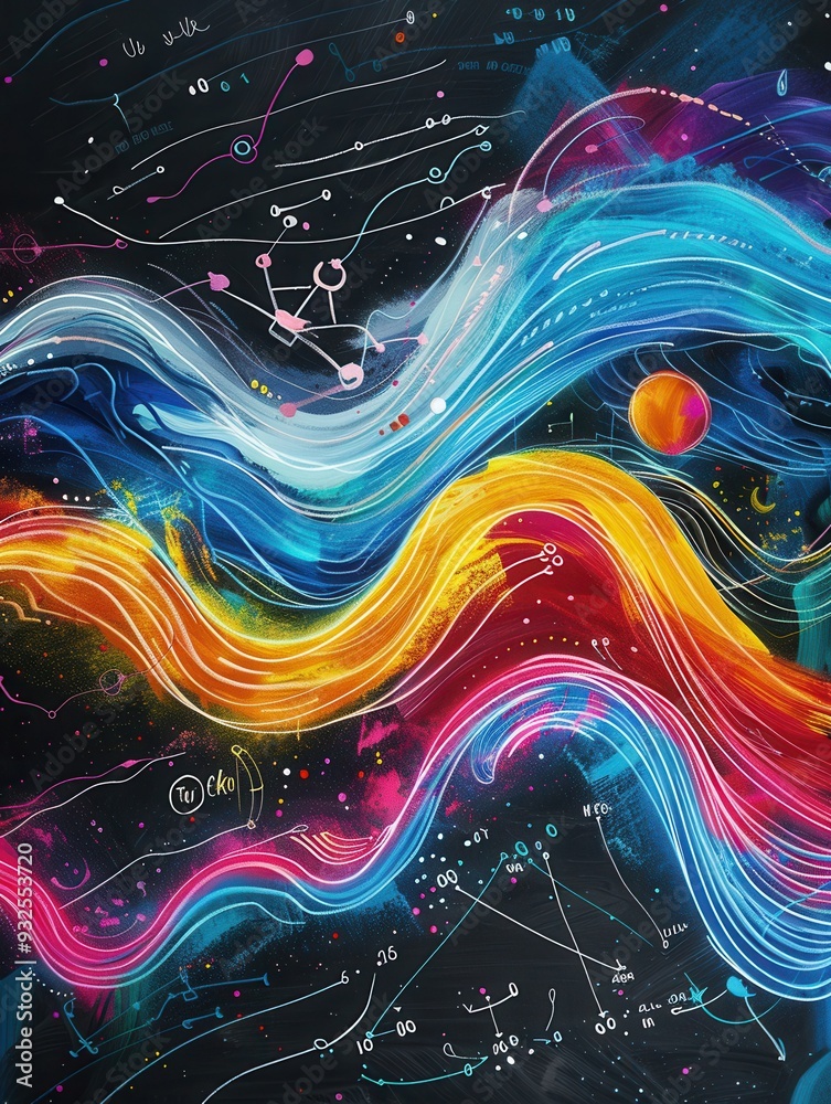 Poster Vibrant chalk strokes create waves while diagrams and formulas blend seamlessly into a creative academic display on a chalkboard. Generative AI