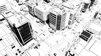 Fototapeta premium A high-contrast illustration of a cityscape, showcasing buildings, streets, and urban life in a monochrome style.