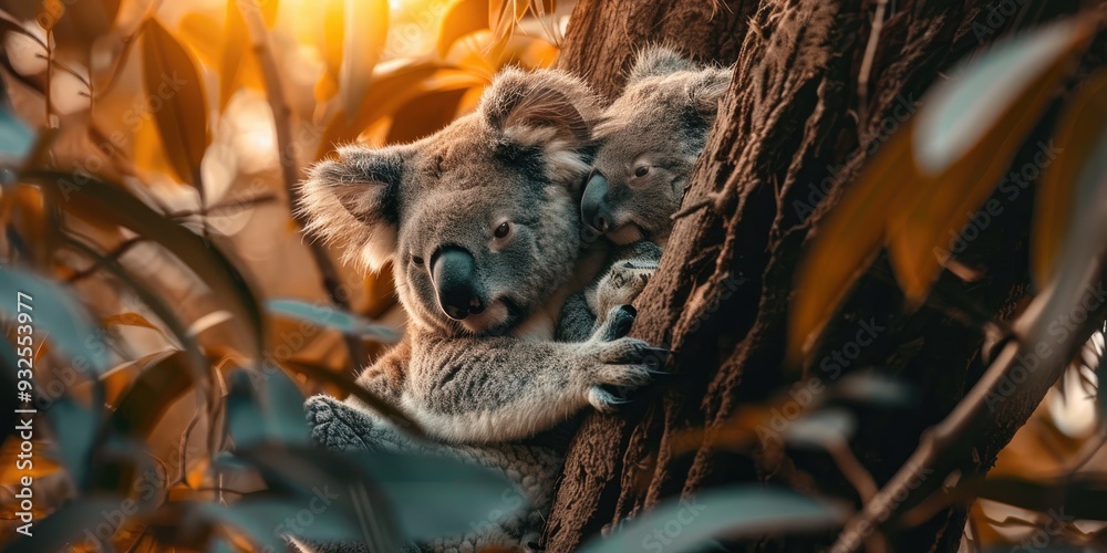 Wall mural adorable koala mother and cub sitting together in a tree gazing into each other s eyes