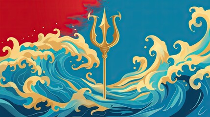 Obraz premium A Golden Trident Standing Among Blue and Yellow Waves