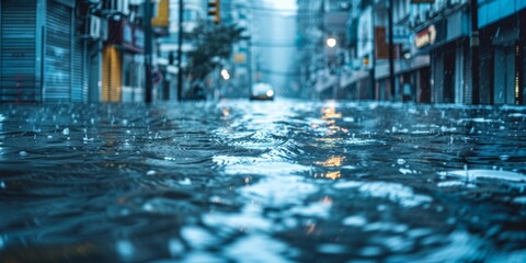 Obraz premium Heavy rain causes flooding on city streets during early morning hours