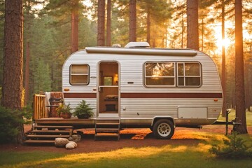 Cozy Trailer Home Surrounded by Tall Pines with Warm Evening Light