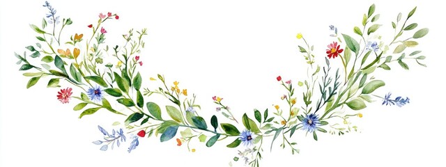 Colorful watercolor illustration of a wreath made from wildflowers and leaves isolated with copy space Floral design element for summer wedding stationery and greeting cards