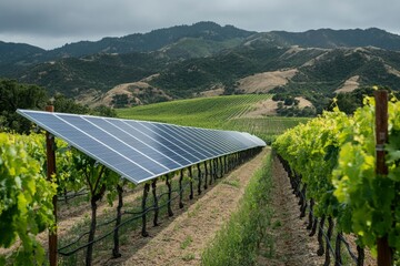 Solar Panels Installed in a Vineyard with Mountain View