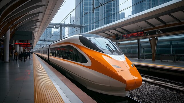 A futuristic high speed train waiting at a sleek contemporary railway station with passengers boarding the streamlined vehicle  The scene evokes a sense of efficient