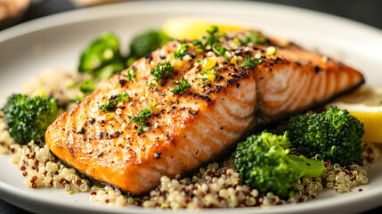 Grilled salmon steamed broccoli quinoa lemon herb delight