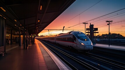 Breathtaking High Speed Train Station Enveloped in the Soft Warm Glow of Dawn with the Train Poised to Depart on Its Next Journey