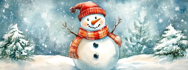 Cute isolated watercolor illustration of a snowman