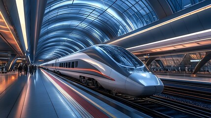 Sleek and Futuristic High Speed Train Waiting at a Stylish Contemporary Railway Station with Passengers Boarding for Their Journey