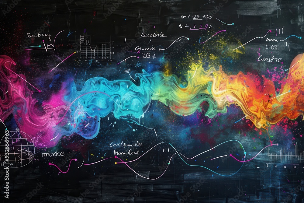 Poster A vibrant array of chalk strokes flows across a black chalkboard, integrating scientific formulas and diagrams seamlessly into the artwork. Generative AI