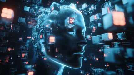 Digital Mind: A futuristic portrait of a human head rendered in a digital realm