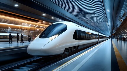 Fototapeta premium A futuristic high speed train waiting at a sleek contemporary train station with passengers boarding the efficient streamlined locomotive The scene depicts the future of efficient