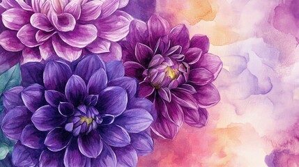 Obraz premium A watercolor background featuring a bouquet of dark violet dahlias Autumn blooms
