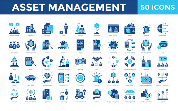 Asset Management icon set with decision making, company, document, client, investor, investment, bank account, wallet, property, digital asset icon. Simple flat vector 
