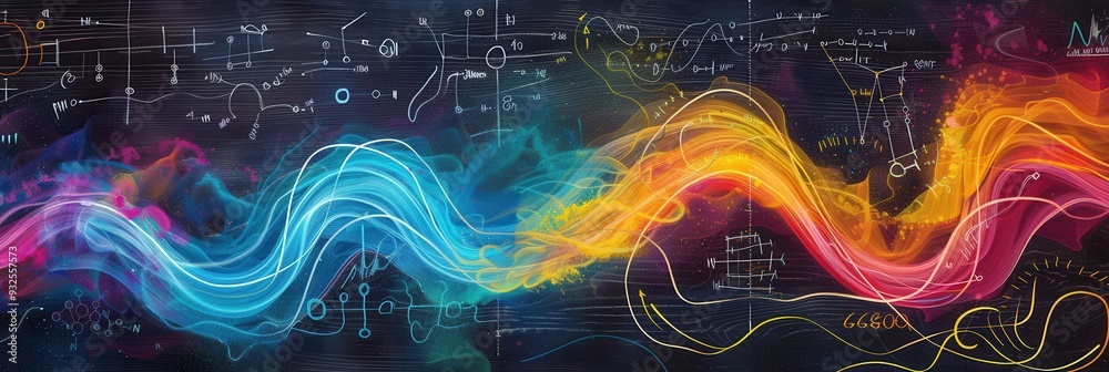 Leinwandbilder Colorful waves of chalk strokes blend seamlessly with scientific formulas and diagrams on a chalkboard background, creating an engaging educational environment. Generative AI