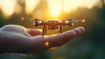 Ultra-realistic 8K photograph showing a close-up of a mini drone resting on a human index finger, capturing the texture of the skin and the metallic sheen of the drone, with a soft natural light