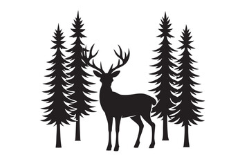 Majestic Deer Silhouette Among Tall Trees Vector Illustration