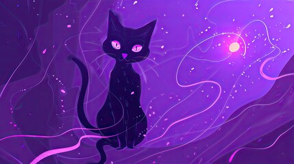 Black Cat with Pink and Purple Abstract Background