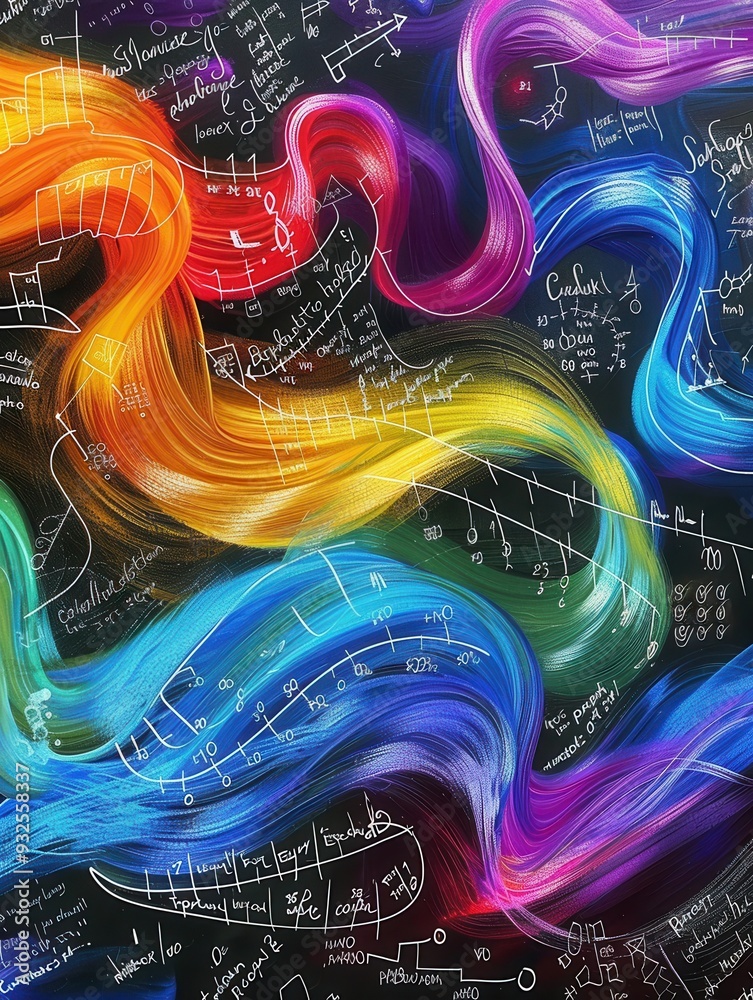 Leinwandbilder vibrant chalk strokes create waves against a chalkboard, blending scientific diagrams and formulas i