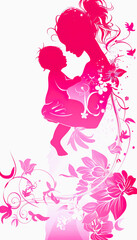 Mother and Child Silhouette with Floral Background