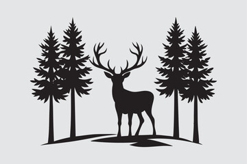 Majestic Deer Silhouette Among Tall Trees Vector Illustration