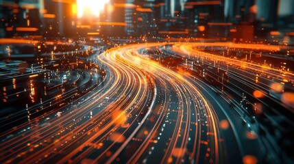 An aerial view of a futuristic city with vibrant light trails from cars on a high-speed road, showcasing the speed and connectivity of modern technology