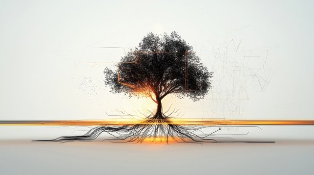 A tree made entirely of glowing particles, with branches and roots formed from intricate lines of light. The background is pure white, emphasizing the futuristic and technological aspect of the tree,