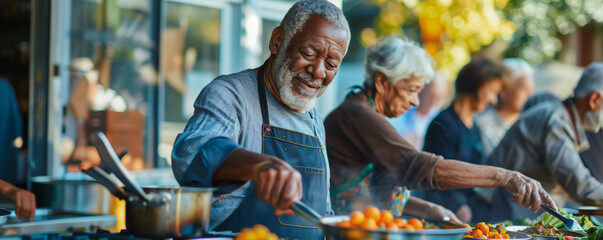 Senior man cooking in a community kitchen with a group of older adults