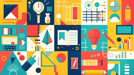Abstract image of colorful geometric shapes and objects representing ideas, creativity, and learning.