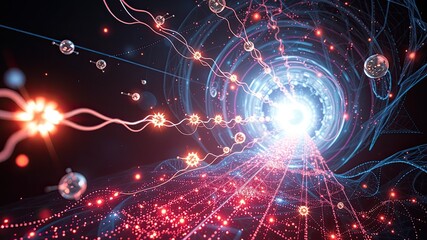 Obraz premium Quantum particles, Quantum Energy Teleportation, moving matter or energy from one place to another without crossing
