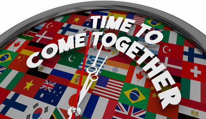 Time to Come Together World Flags Clock International Harmony Peace Agreement 3d Illustration