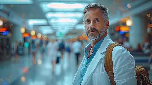 pharmaceutical sales representative sitting in medical building waiting for doctor drug rep sitting in hall with suitcase with samples beautiful manager in airport business travel