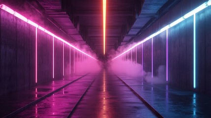 Fototapeta premium Futuristic tunnel with colorful neon lights and fog.
