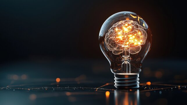A striking 3D stock photo featuring a light bulb with a luminous brain inside. The brain is structure is intricately visible and brightly lit, set against a dark, subdued background that makes the
