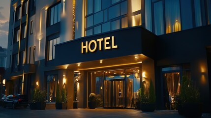 A modern hotel entrance illuminated in elegant, warm lights gleams under a twilight sky, inviting and luxurious.